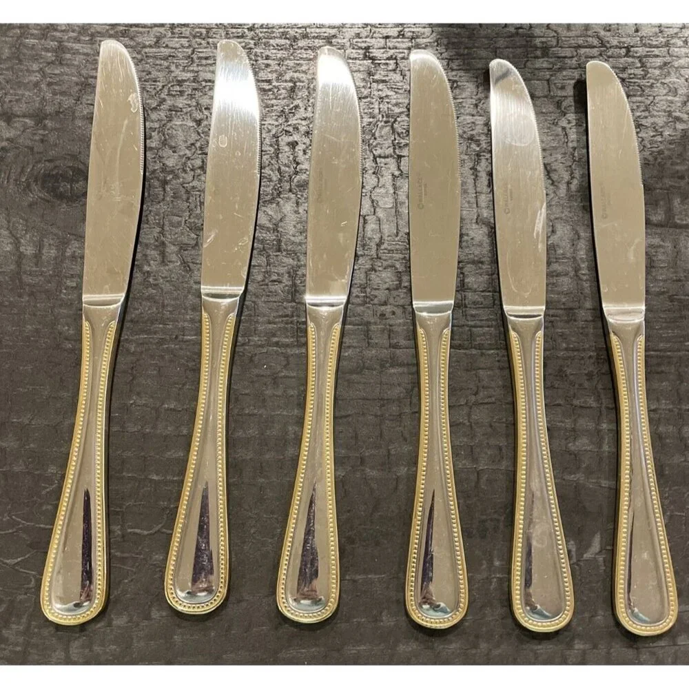 Wallace 18/10 Stainless Gold Royal Bead Set Of 6 Dinner Knives Korea Vintage